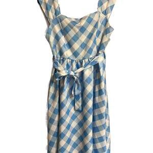 Blue Checkered Sleeveless Midi Dress with Bow Tie